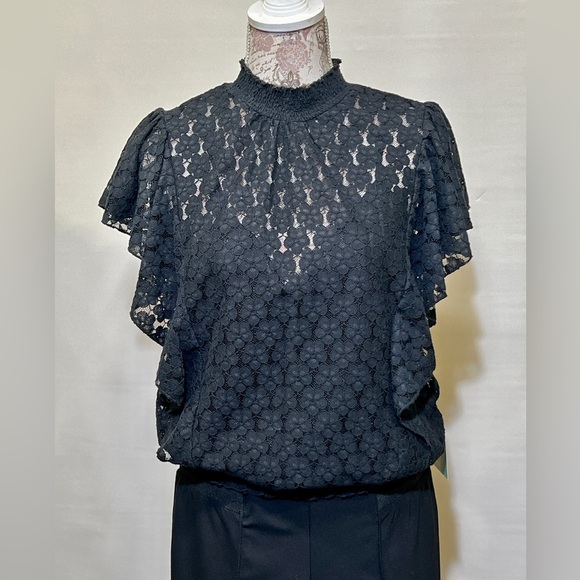 CECE Black lace flutter sleeve smocked top size M‎ - Picture 3 of 14